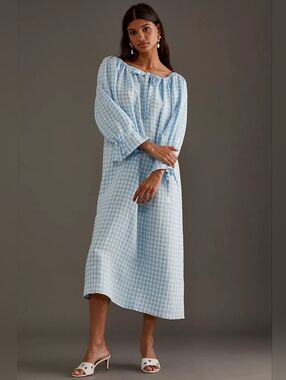 Sleeper Cha Cha 100% linen midi blue gingham dress, xsmall